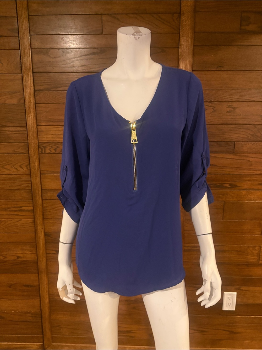 Tacera Deep Blue V-Neck Zip-Front Blouse